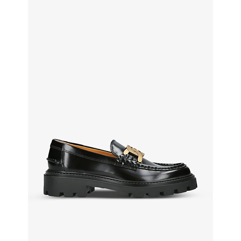 Shop Tod's Gomma Pesante Chain-embellished Leather Loafers In Black