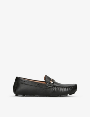 BOSS BY HUGO BOSS: Logo-embroidered slip-on leather moccasins 9-10 years