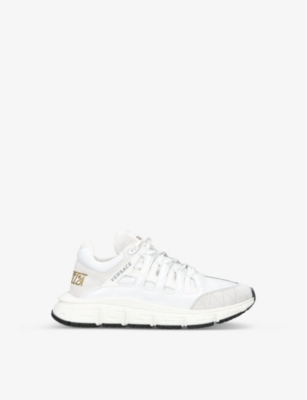 VERSACE VERSACE BOYS WHITE/COMB KIDS TRIGRECA LOGO-PRINT LEATHER LOW-TOP TRAINERS 8-10 YEARS