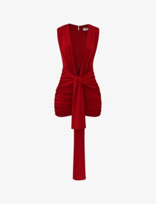 House Of Cb Womens Cherry Aliza Wrapped-belt Stretch-woven Mini Dress