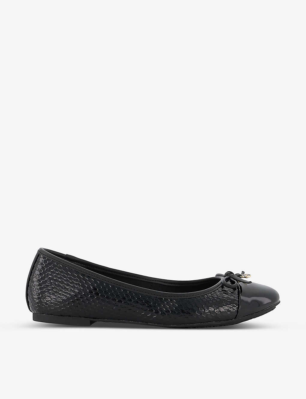 Dune Womens Black-synthetic Reptile Hallo Charm-embellished Mock-reptile Leather Ballet Pumps