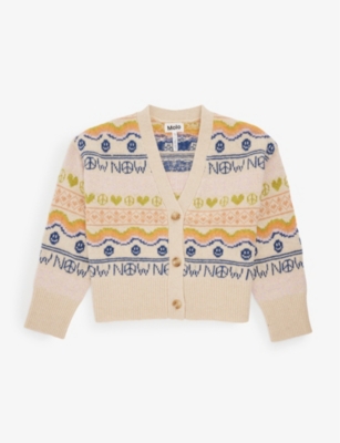 Molo Gilly Contrast Logo-pattern Wool-blend Cardigan 3-10 Years In Peace Now Knit