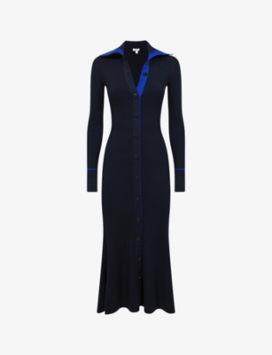 Reiss Millie Ribbed Knitted Midi Dress In Navy/blue