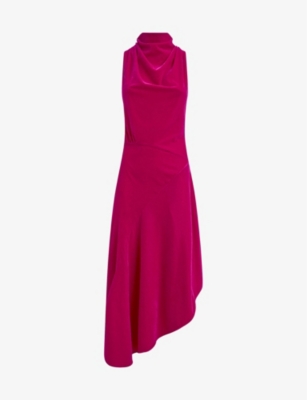 Reiss Pink Velvet Funnel Neck Asymmetric Midi Dress