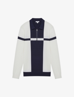 Reiss Ecru/navy Langland Slim Fit Colourblock Half-zip Neck Jumper In Ecru/navy