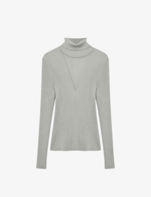 Reiss Silver Tanya Metallic Ribbed Mesh Panel Funnel Neck Top In Silver