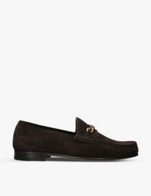 Shop Tom Ford Men's Dark Brown York Chain-embellished Suede Loafers