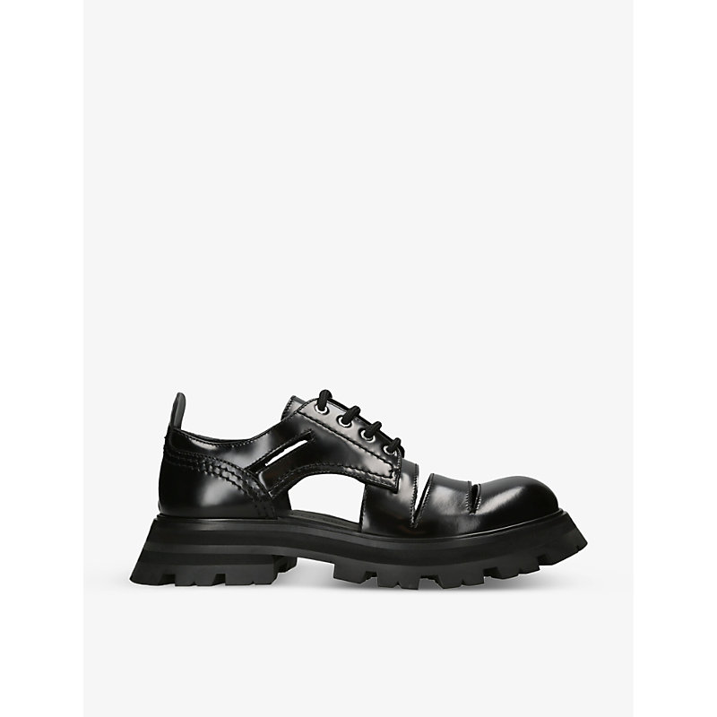 ALEXANDER MCQUEEN ALEXANDER MCQUEEN WOMEN'S BLACK CUT-OUT CHUNKY-SOLE LEATHER DERBY SHOES,68575633