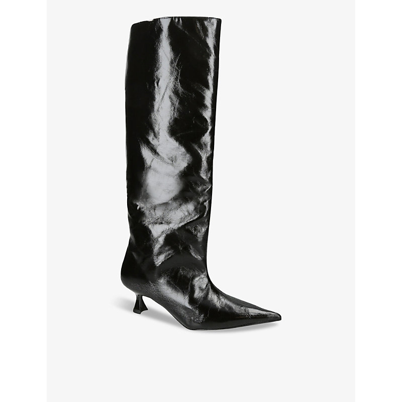 Shop Ganni Slouchy Recycled Faux-leather Knee-high Boots In Black