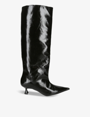 Shop Ganni Slouchy Recycled Faux-leather Knee-high Boots In Black