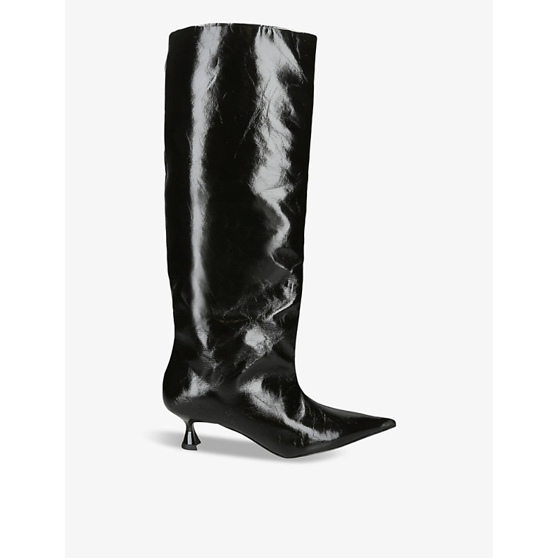 Shop Ganni Slouchy Recycled Faux-leather Knee-high Boots In Black
