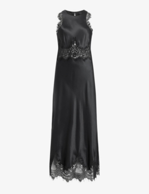 Allsaints Alula Silk Blend Lace Trim Maxi Dress In Black | ModeSens