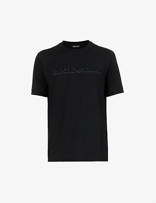EMPORIO ARMANI：品牌印花圆领平纹针织棉 T 恤