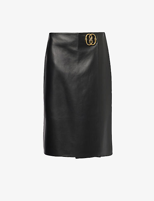 BALLY: Brand-plaque mid-waist leather midi skirt