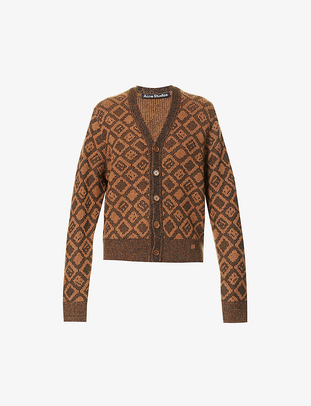 ACNE STUDIOS ACNE STUDIOS WOMENS TOFFEE BROWN KERID BRAND-INTARSIA WOOL AND COTTON-BLEND KNITTED CARDIGAN