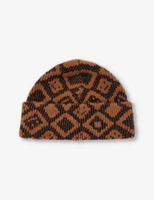 Acne Studios Geometric-print Beanie In Toffee Brown