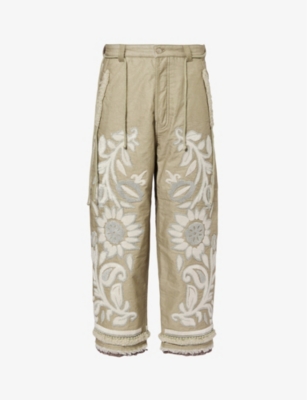 CRAIG GREEN CRAIG GREEN MEN'S BEIGE FLORAL-TAPESTRY WIDE TAPERED-LEG COTTON TROUSERS