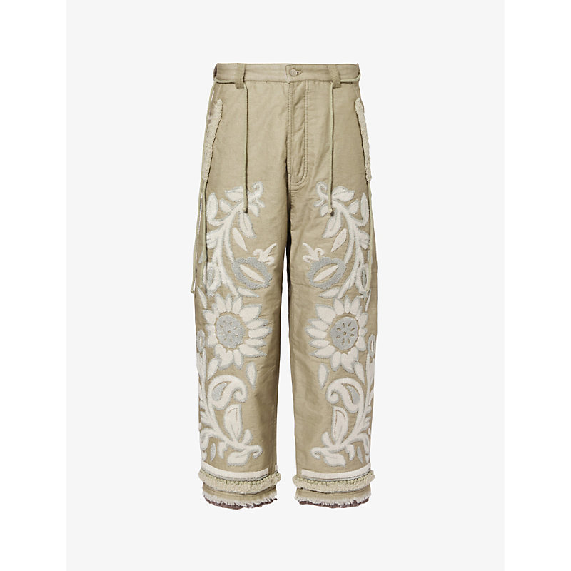 CRAIG GREEN CRAIG GREEN MEN'S BEIGE FLORAL-TAPESTRY WIDE TAPERED-LEG COTTON TROUSERS
