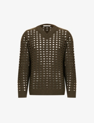 CRAIG GREEN CRAIG GREEN MEN'S LIGHT OLIVE GRATE SEMI-SHEER WOOL JUMPER