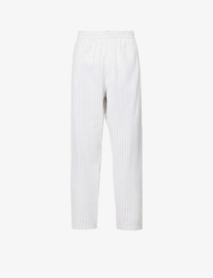 Craig Green Hand-frayed Stripe-pattern Straight Regular-fit Cotton Trousers In White / Chalk