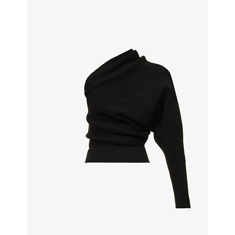 RICK OWENS RICK OWENS WOMENS BLACK ASYMMETRIC CROPPED CASHMERE-BLEND KNITTED TOP