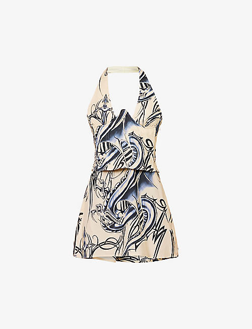 MIAOU: Jackie graphic-print slim-fit stretch-recycled-polyester mini dress