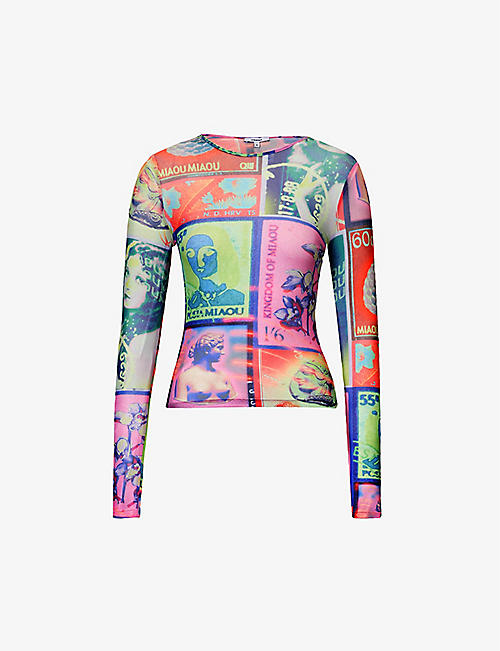 MIAOU: Graphic-print slim-fit stretch-recycled polyester mesh top