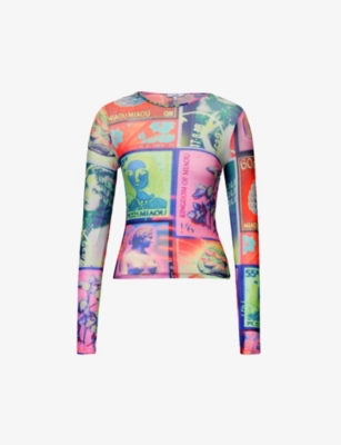 MIAOU - Graphic-print slim-fit stretch-recycled polyester mesh top ...
