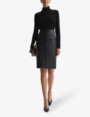 Shop Reiss Women's Black Raya High-rise Leather Pencil Midi Skirt