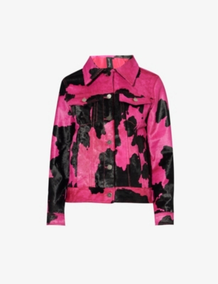 SINEAD GOREY: Cow-print spread-collar regular-fit leather jacket