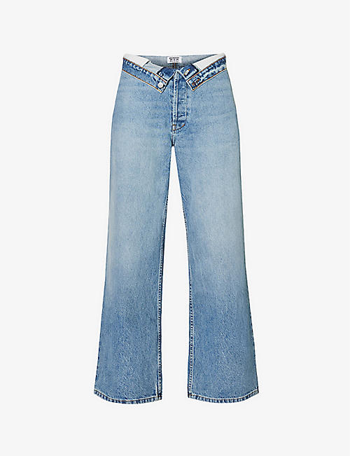 EB DENIM: Madison asymmetric-waistband wide-leg high-rise jeans