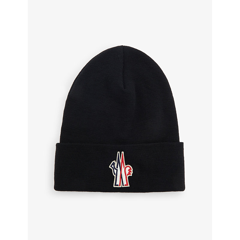 MONCLER MONCLER GRENOBLE MEN'S BLACK BRAND-EMBROIDERED RIBBED WOOL KNITTED BEANIE