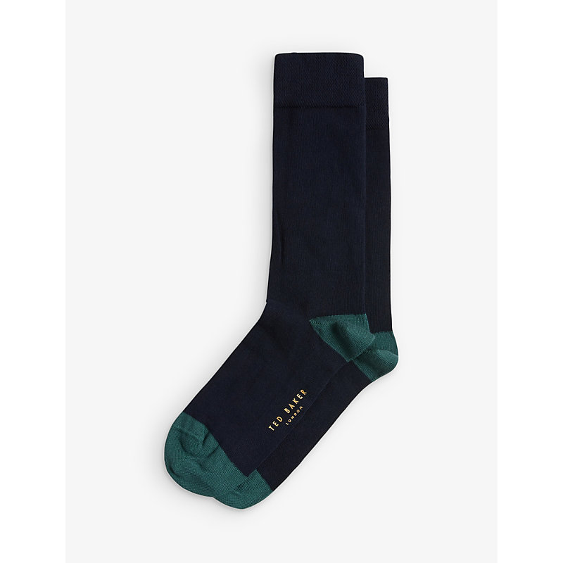 Shop Ted Baker Clasic Contrast-panel Stretch Organic Cotton-blend Socks In Dk-navy
