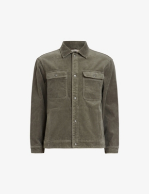 Shop Allsaints Men's Khaki Green Castleford Patch-pocket Relaxed-fit Cotton-corduroy Shirt