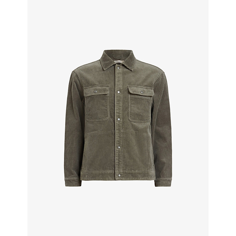 Shop Allsaints Men's Khaki Green Castleford Patch-pocket Relaxed-fit Cotton-corduroy Shirt