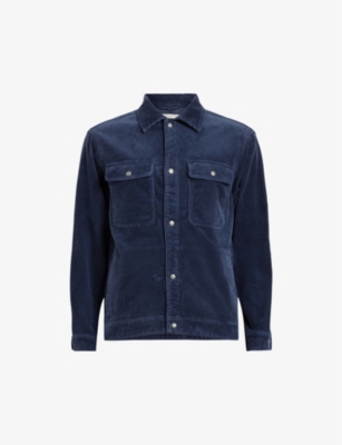Shop Allsaints Men's Starry Blue Castleford Patch-pocket Relaxed-fit Cotton-corduroy Shirt