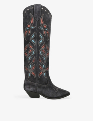 ISABEL MARANT ISABEL MARANT WOMEN'S BLK/OTHER DENVEE EMBROIDERED SUEDE HEELED KNEE-HIGH BOOTS