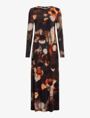 Allsaints Katlyn Marsprint Stretch Maxi Dress In Rust Brown