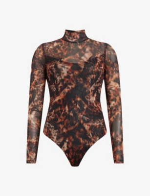 Allsaints Elia Spark Printed Mesh Bodysuit In Brown