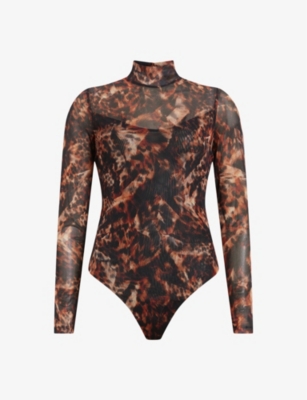 ALLSAINTS ALLSAINTS WOMEN'S BROWN ELIA SPARK-PRINT STRETCH RECYCLED POLYESTER-BLEND BODYSUIT