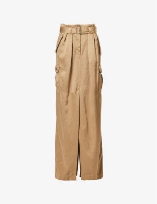 DRIES VAN NOTEN Pressed-pleat belted woven cargo skirt