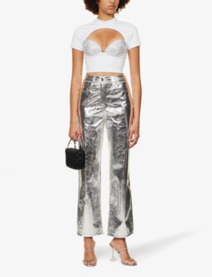 Lupe metallic wide-leg high-rise faux-leather trousers,