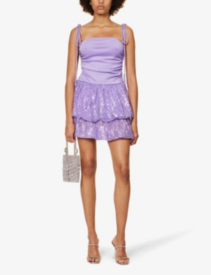 Shop Amy Lynn Sequin-embellished Ruched Stretch-woven Mini Dress In Purple
