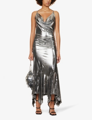 Shop Amy Lynn Women's Silver Cowl-neck Metallic Stretch-woven Midi Dress