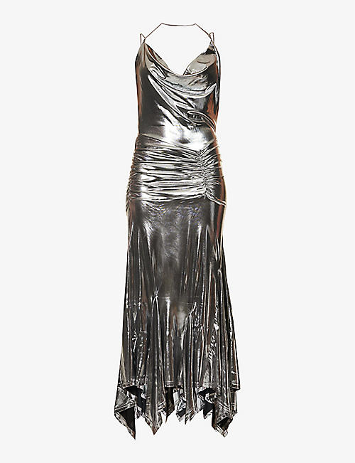 AMY LYNN: Cowl-neck metallic stretch-woven midi dress