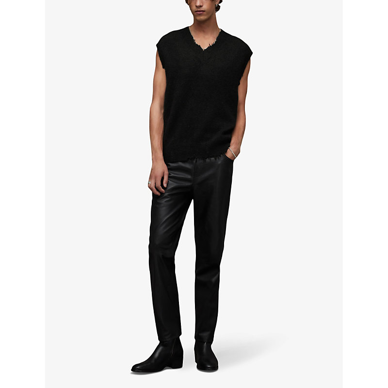 Shop Allsaints Men's Black Lynch Mid-rise Straight-leg Leather Trousers