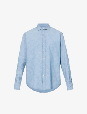 Eleventy Mens Light Blue Spread-collar Regular-fit Denim Shirt