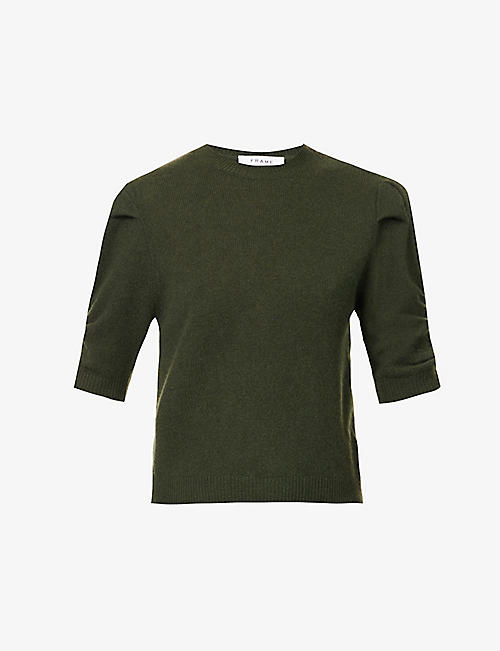 FRAME: Ruched-sleeve round-neck cashmere top