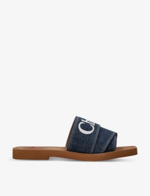 CHLOE Woody brand embroidered denim mules Selfridges