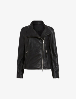 Shop Allsaints Women's Black Ellis Funnel-neck Leather Jacket